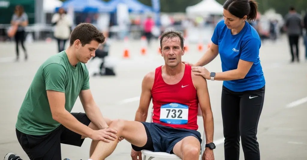 A fatigued runner with bib 732 receives leg and shoulder massage from two volunteers after a race